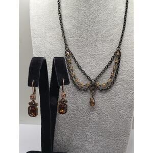 Gunmetal Layered Necklace and Earring Set Amber Glass Beads Fashion Jewelry